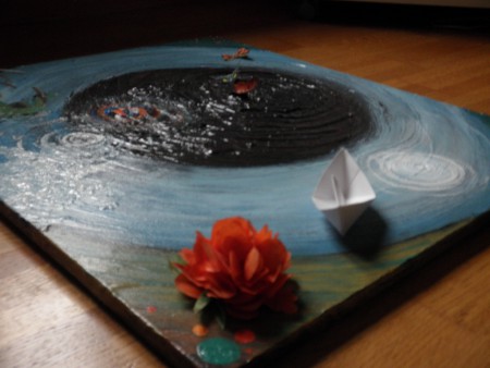 Ausschnitt aus "Eye sea" Acryl auf Leinwand mit aufgenähten Papierelementen 60 x 70, 2011